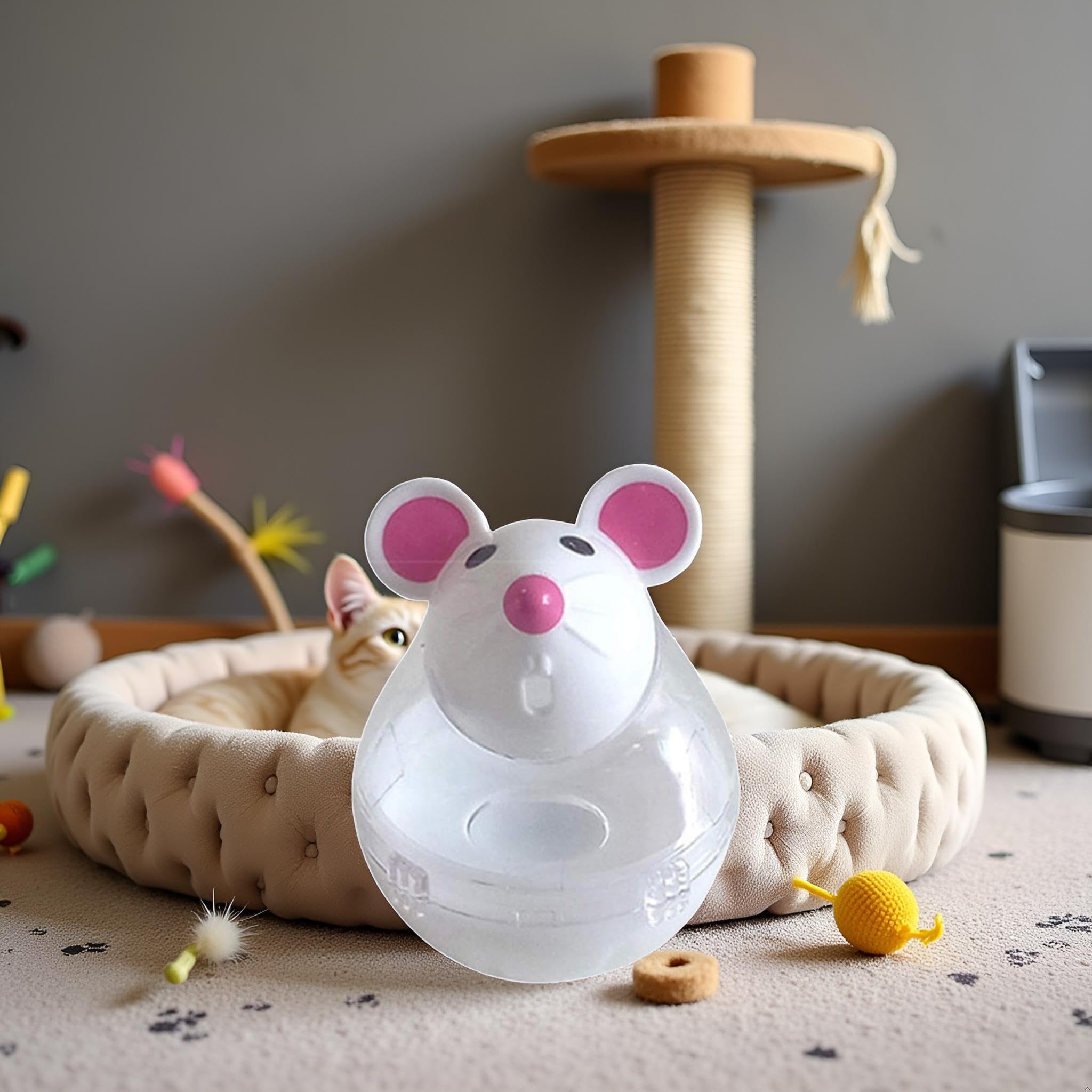 Cauaoa beige cat toy in action with a curious cat exploring rewards.