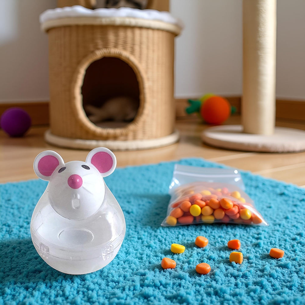 Cauaoa beige kitten toy supports mental enrichment through interactive feeding play.