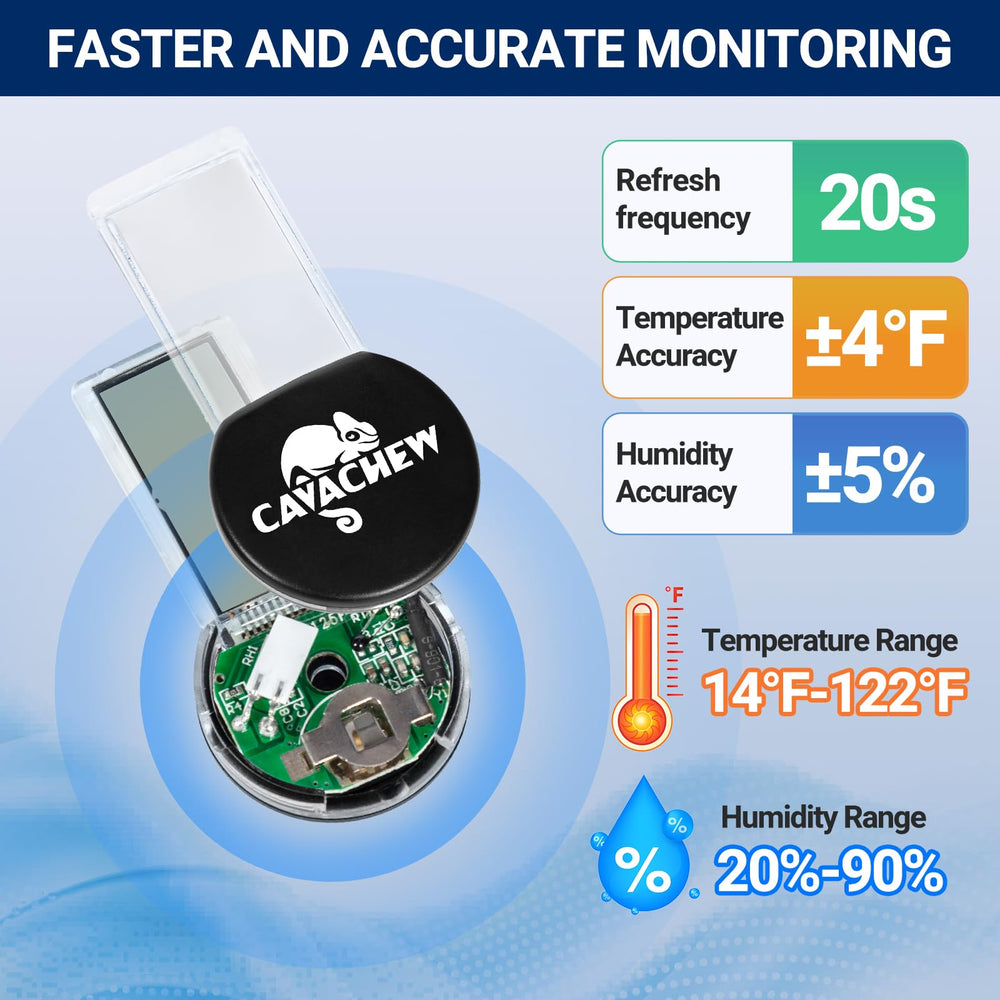 CAVACHEW digital thermometer LCD display image highlights clear, quick temp and humidity checks.