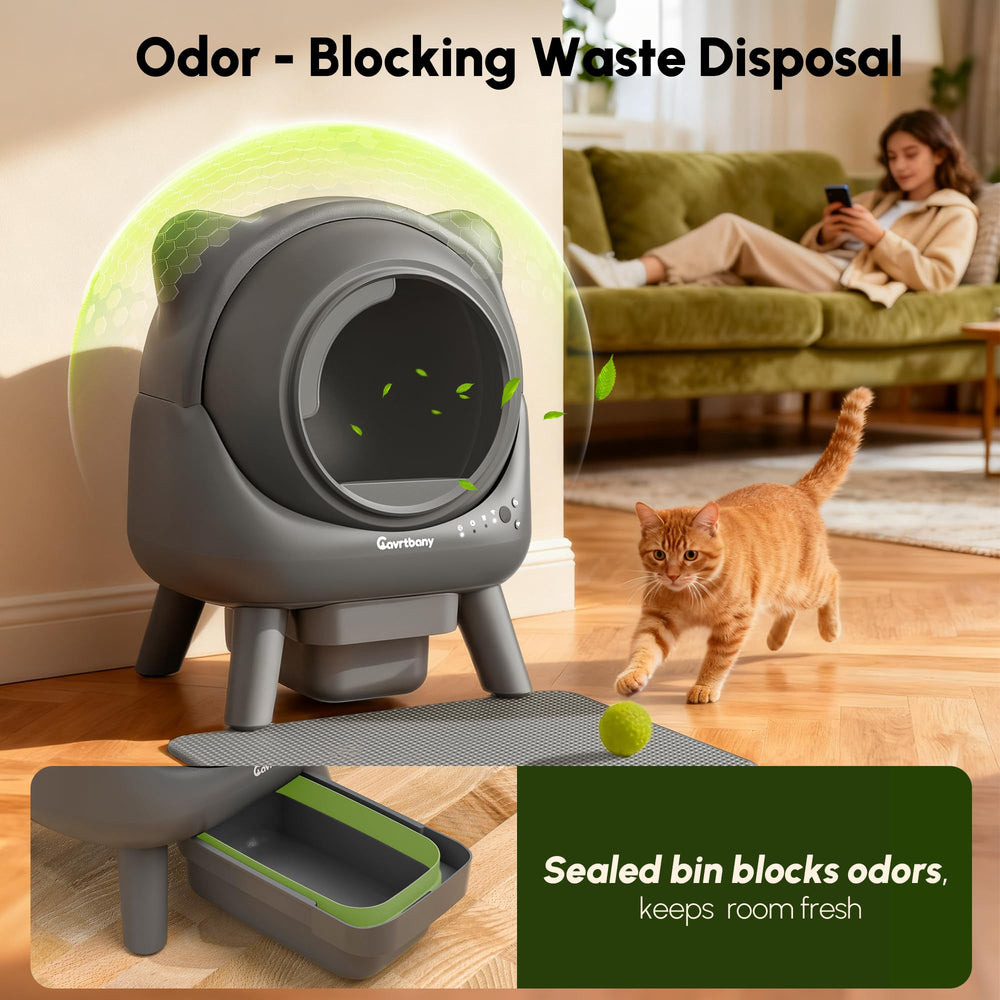 Cavrtbany automatic litter box sealed bin image, odor containment emphasis
