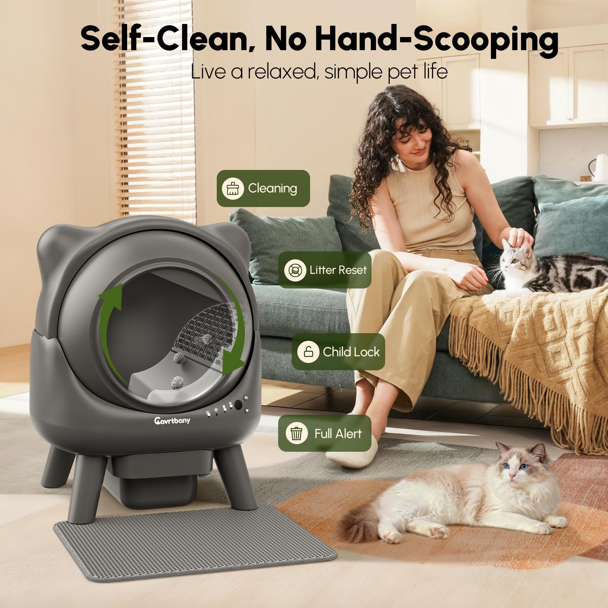 Cavrtbany automatic litter box top features, clean integration and self-cleaning cycle