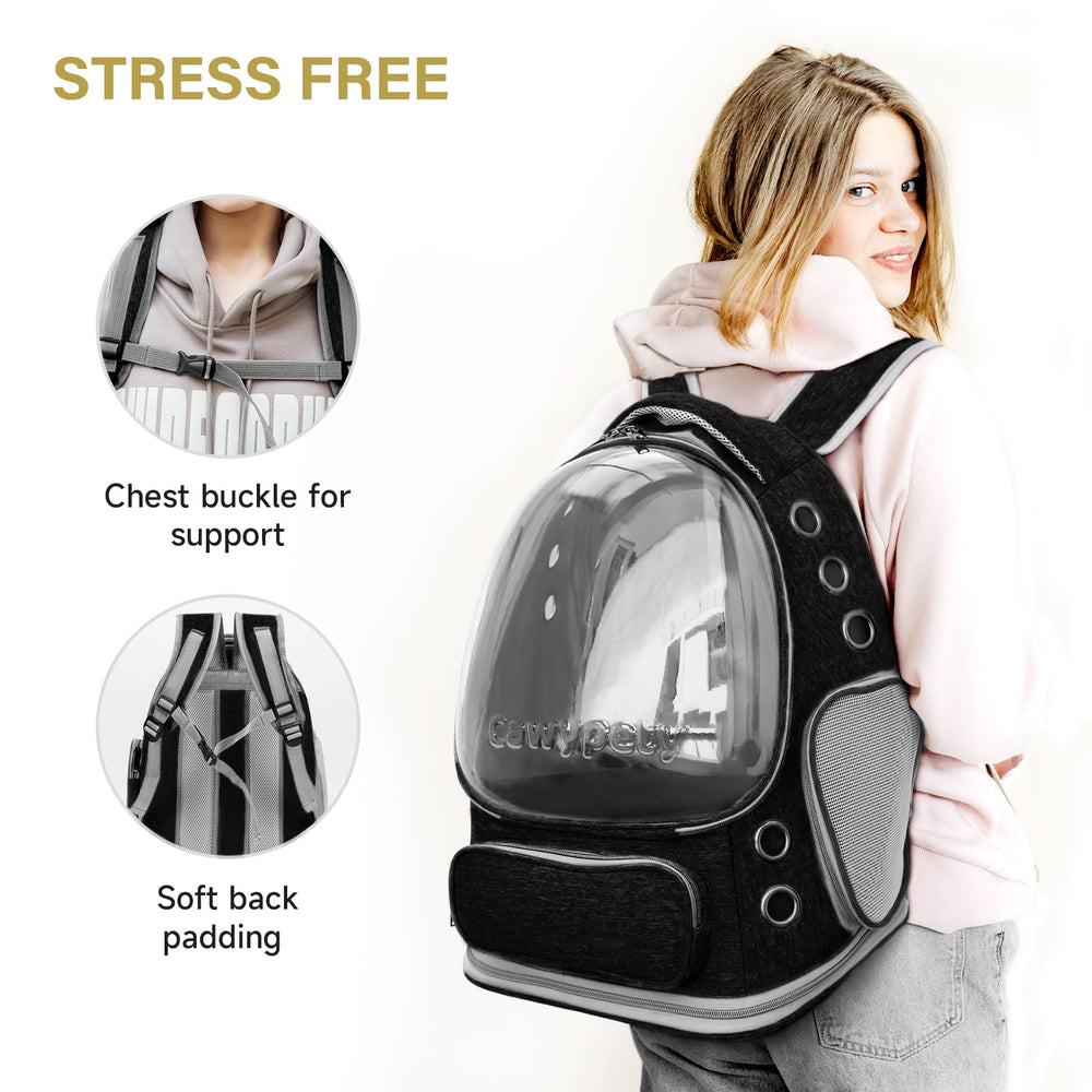 Cawypety cat backpack carrier uses scratch-resistant fabric for durability.
