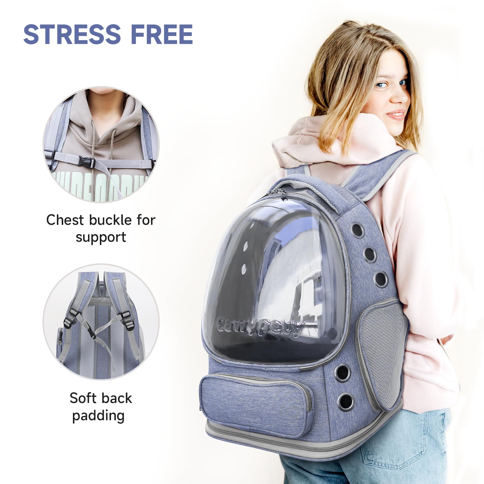 Cawypety cat backpack scratch-resistant shell protects against claws during outings.