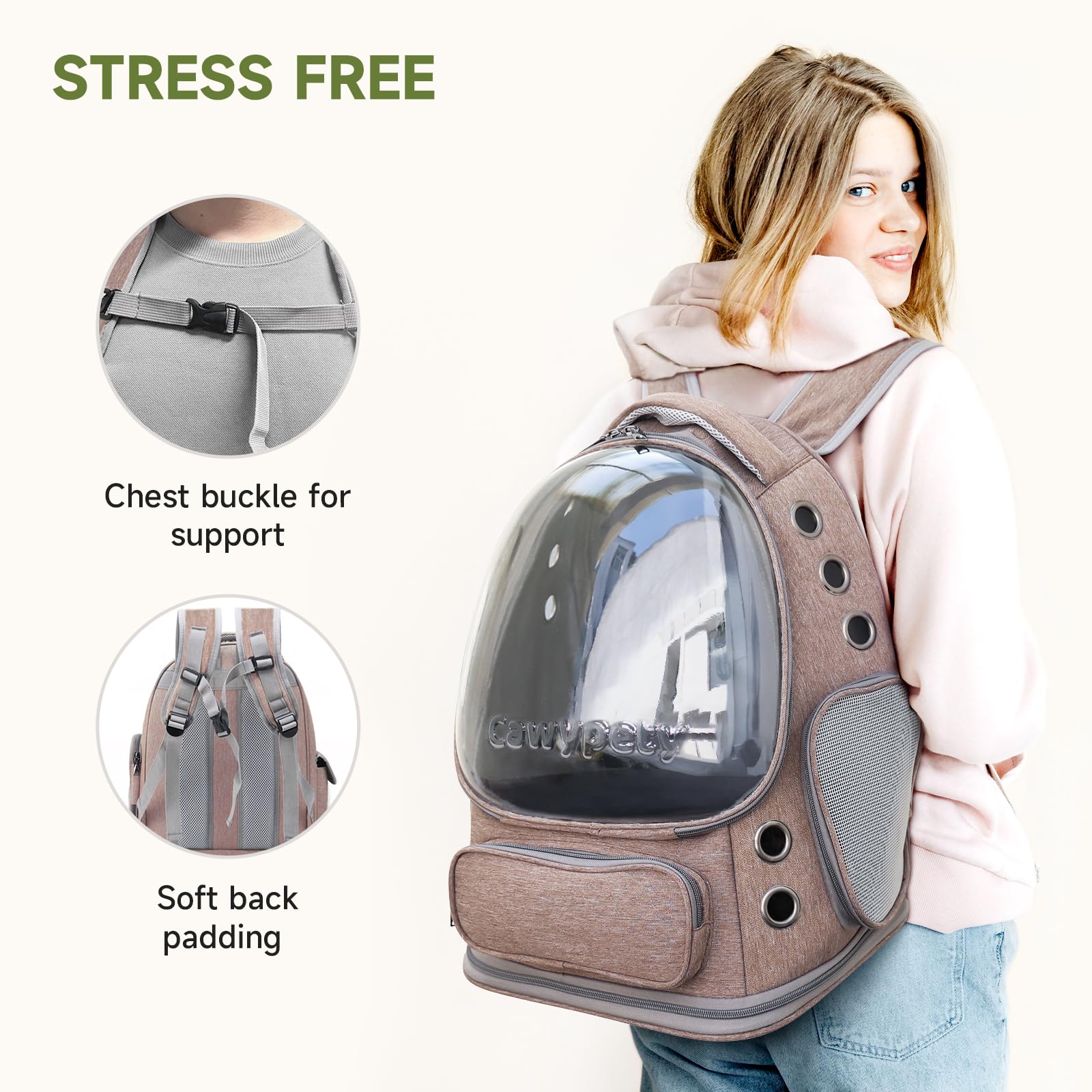 Cawypety cat backpack front with scratch-resistant shell protection