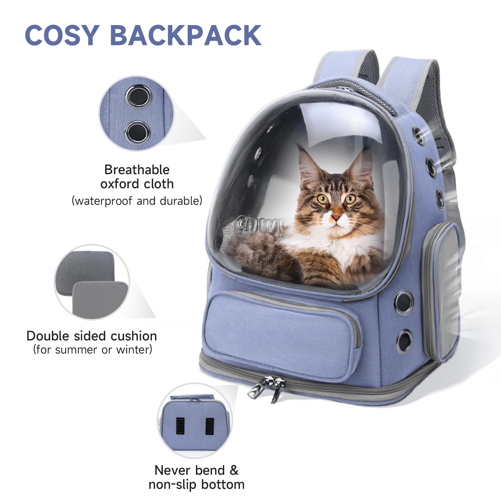 Cawypety cat backpack shoulder chest buckle reduces strap slipping during hikes.