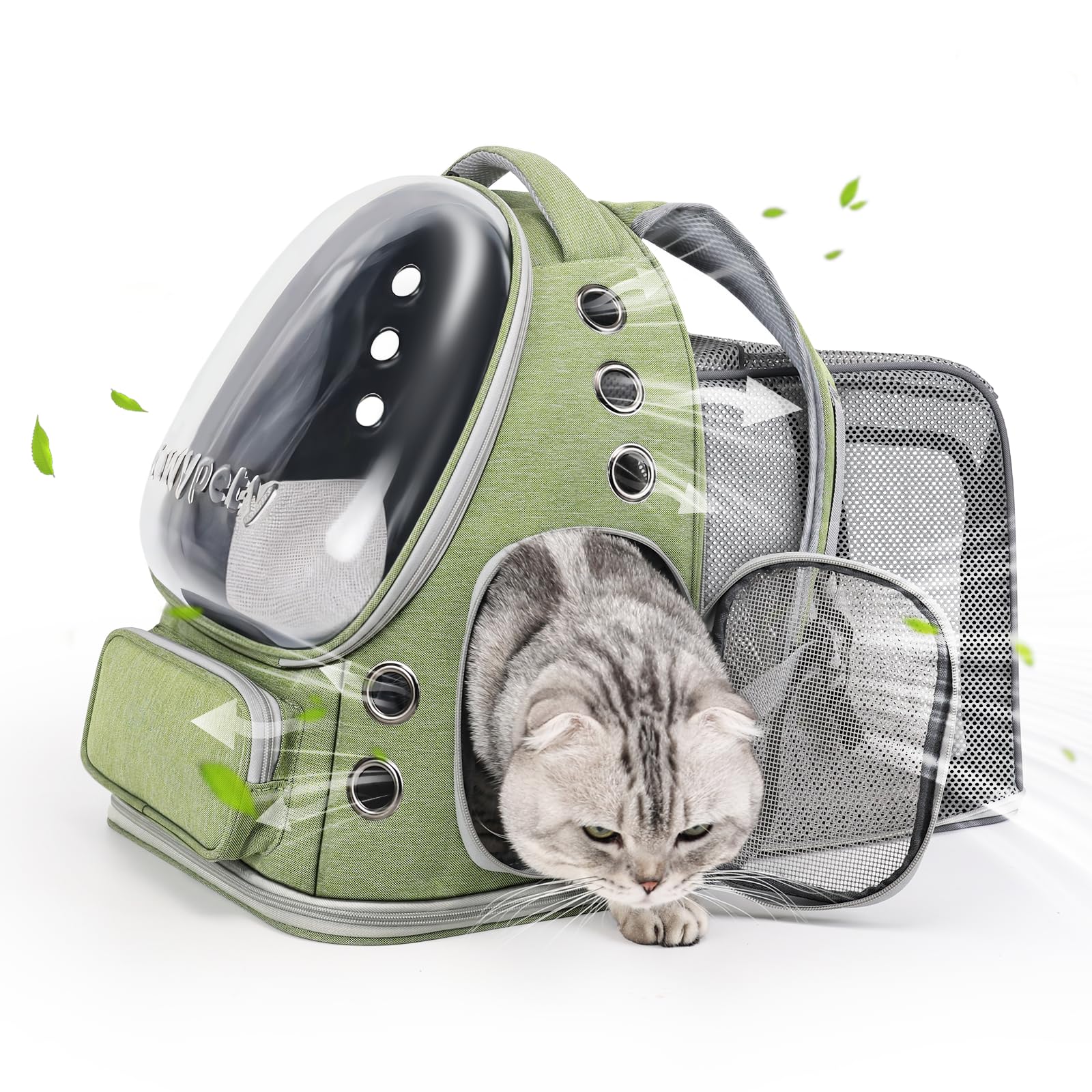 Cawypety Expandable Cat Backpack front view with bubble window for pet exploration