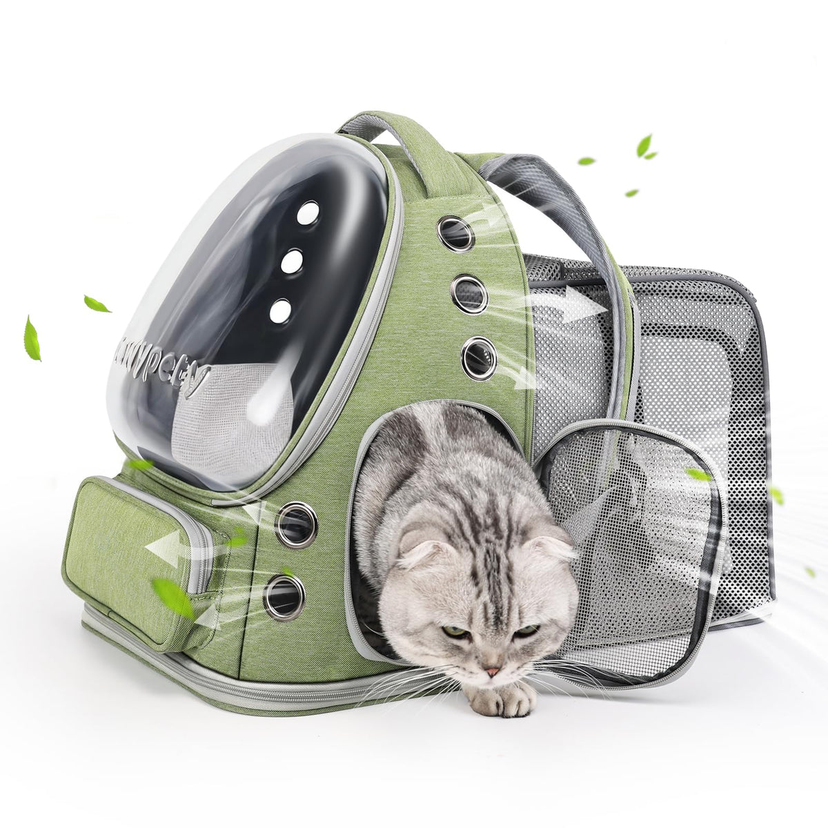 Cawypety Expandable Cat Backpack front view with bubble window for pet exploration