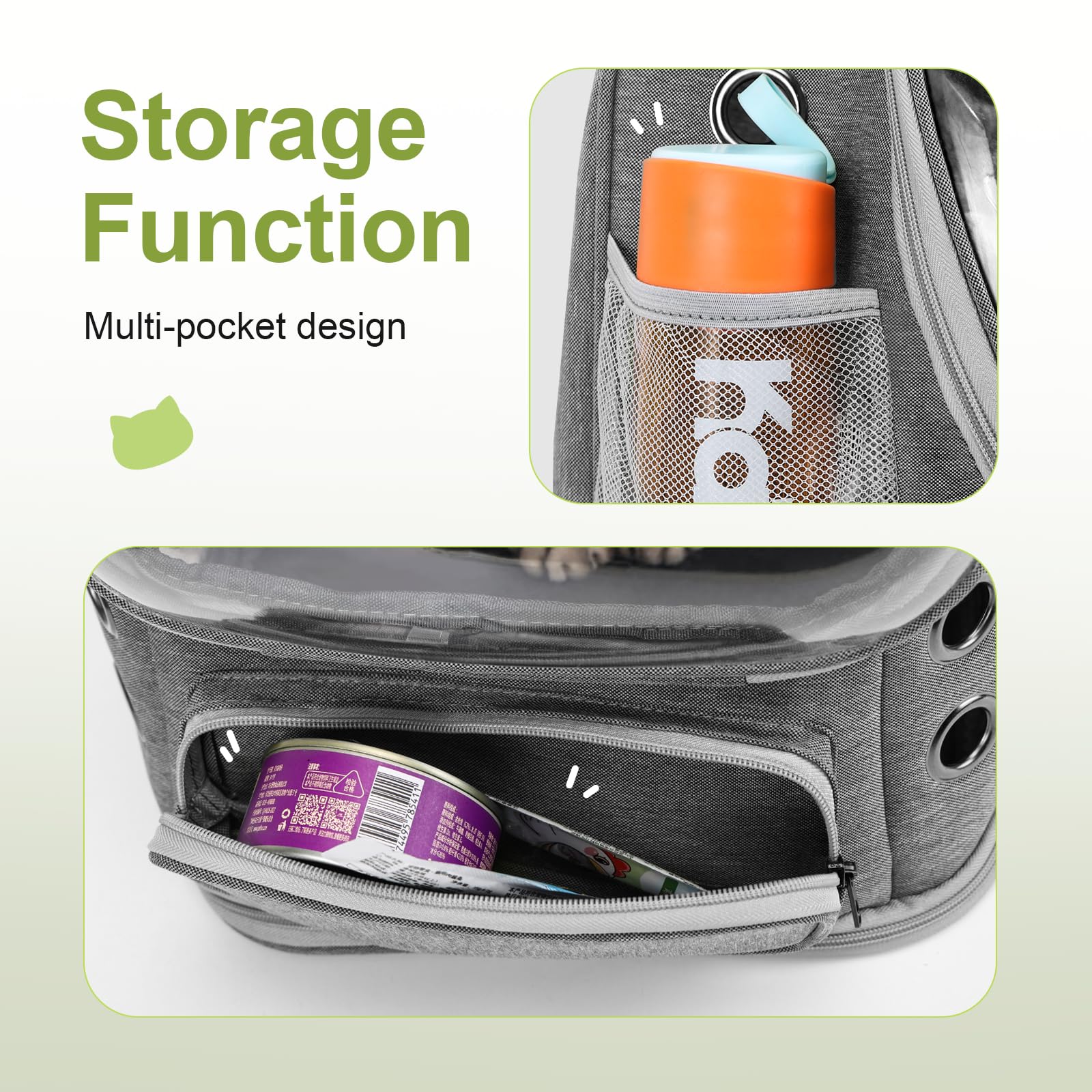 Cawypety multi-pocket storage for treats, toys, and water on hikes.