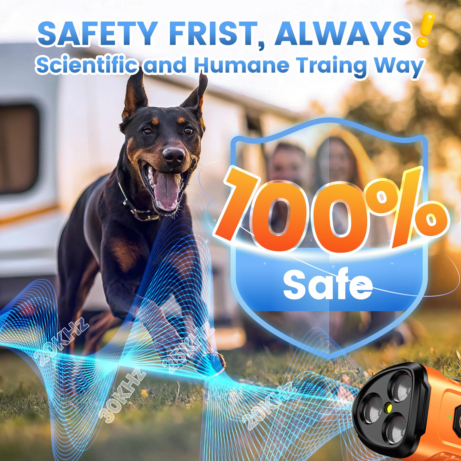 Cbersmg dog bark deterrent device 50ft range illustrates indoor/outdoor control.