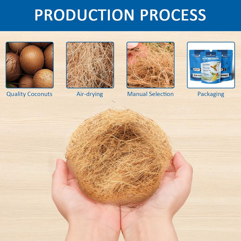 CEDAR ALPHA coconut-fiber strands displaying moisture absorption in nest setup.
