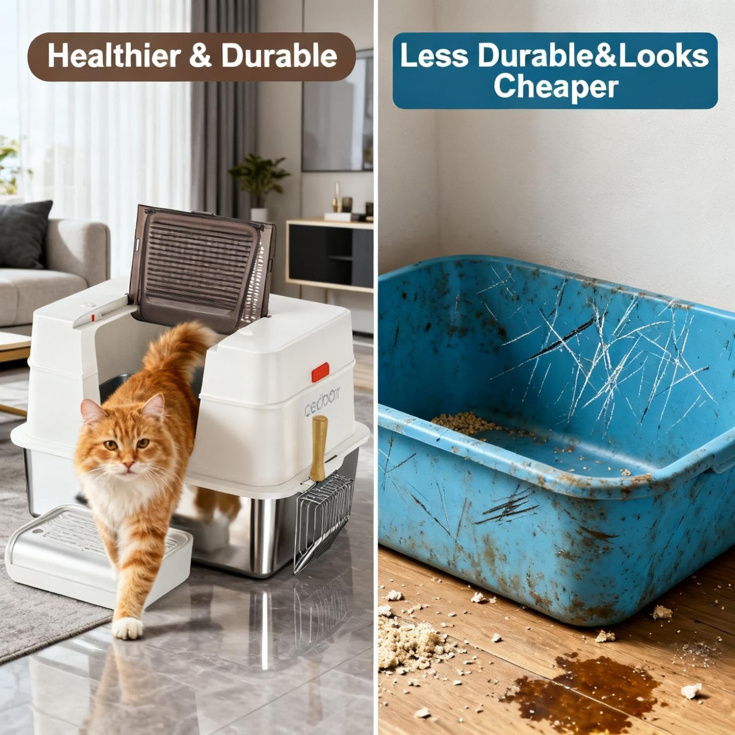 CEDBORR XL premium stainless-litter-box anti-slip feet keep the litter box stable on any floor