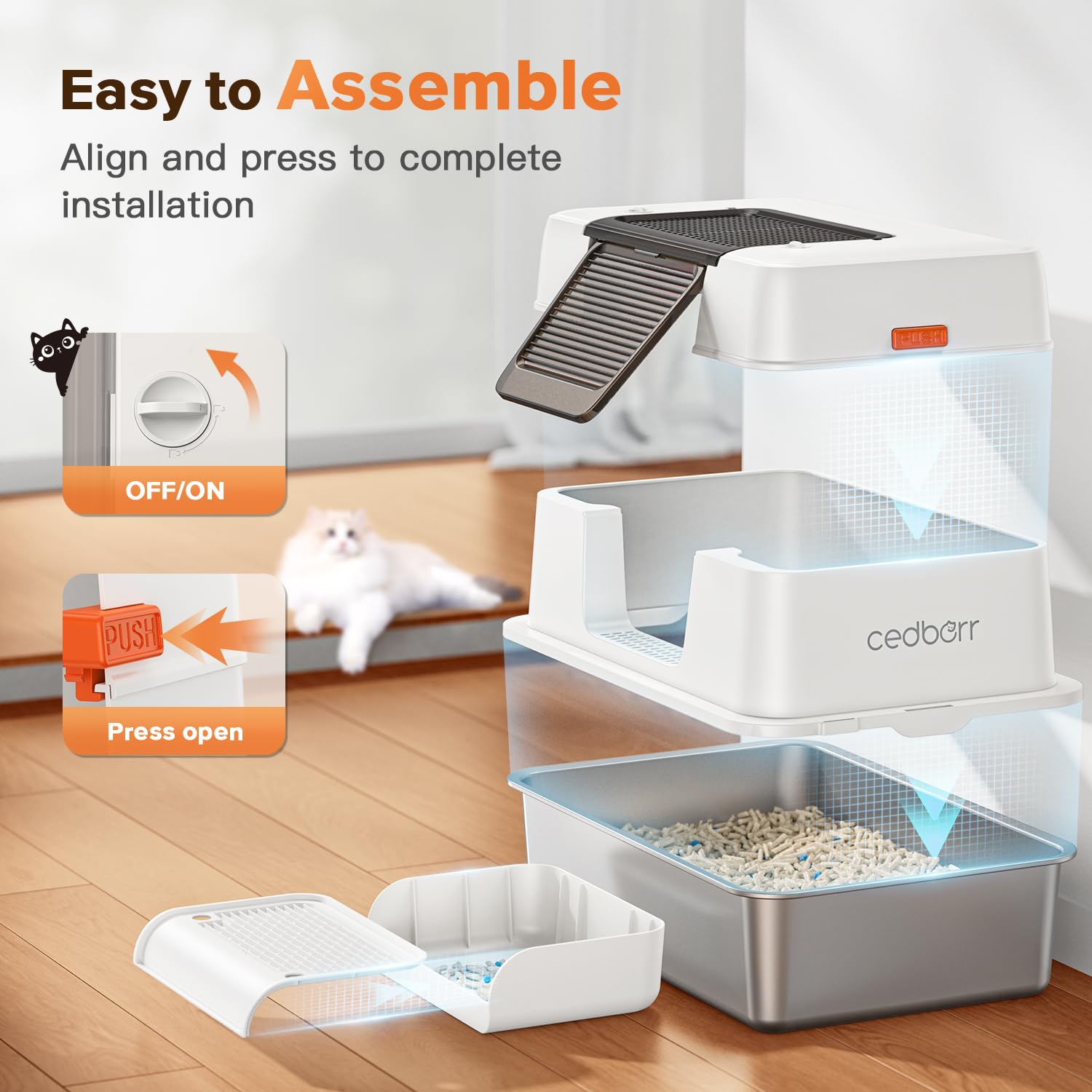 CEDBORR XL premium stainless-litter-box anti-splash pedal reduces tracking for tidy floors