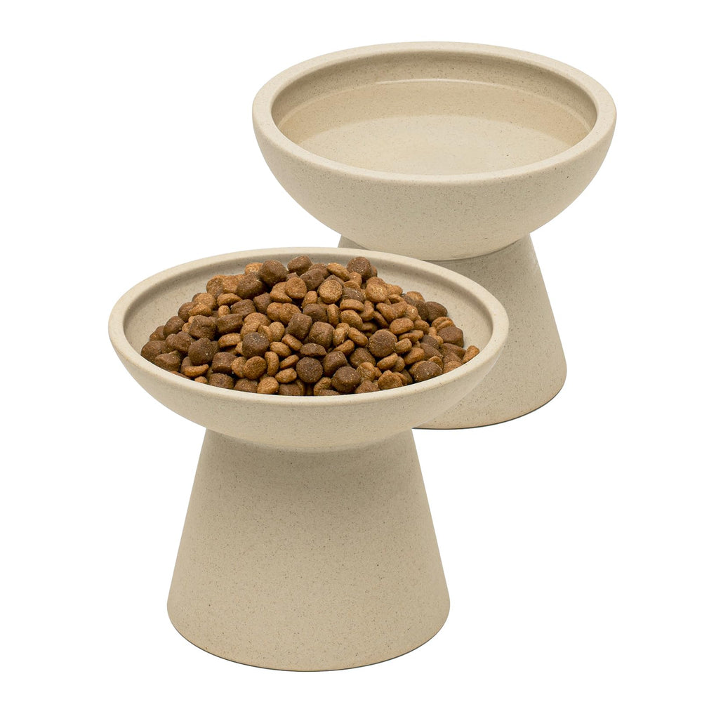 CEEFU 2 elevated cat bowls side view reduces whisker fatigue during meals.
