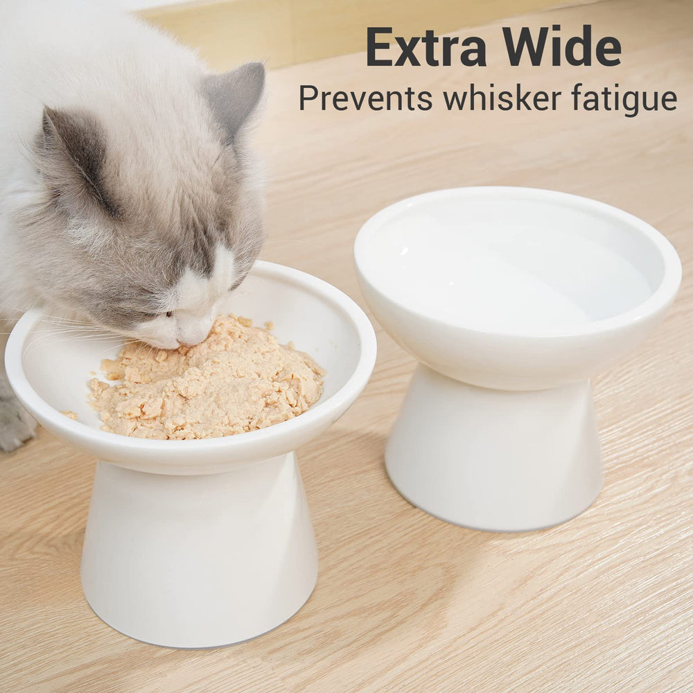CEEFU 2 elevated ceramic food bowl is shallow and whisker-friendly for comfortable eating.