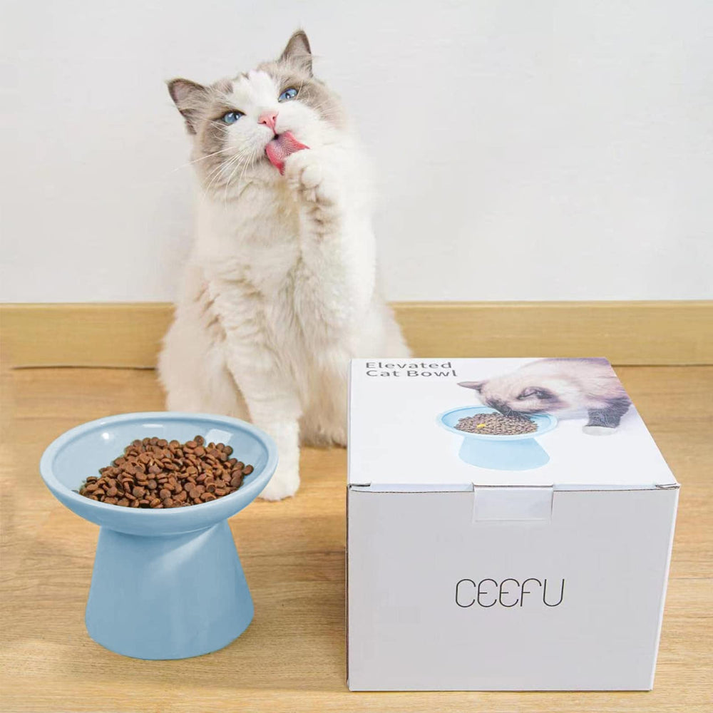 CEEFU plato ergonómico elevado de 5 pulgadas en azul, ideal para gatos mayores.
