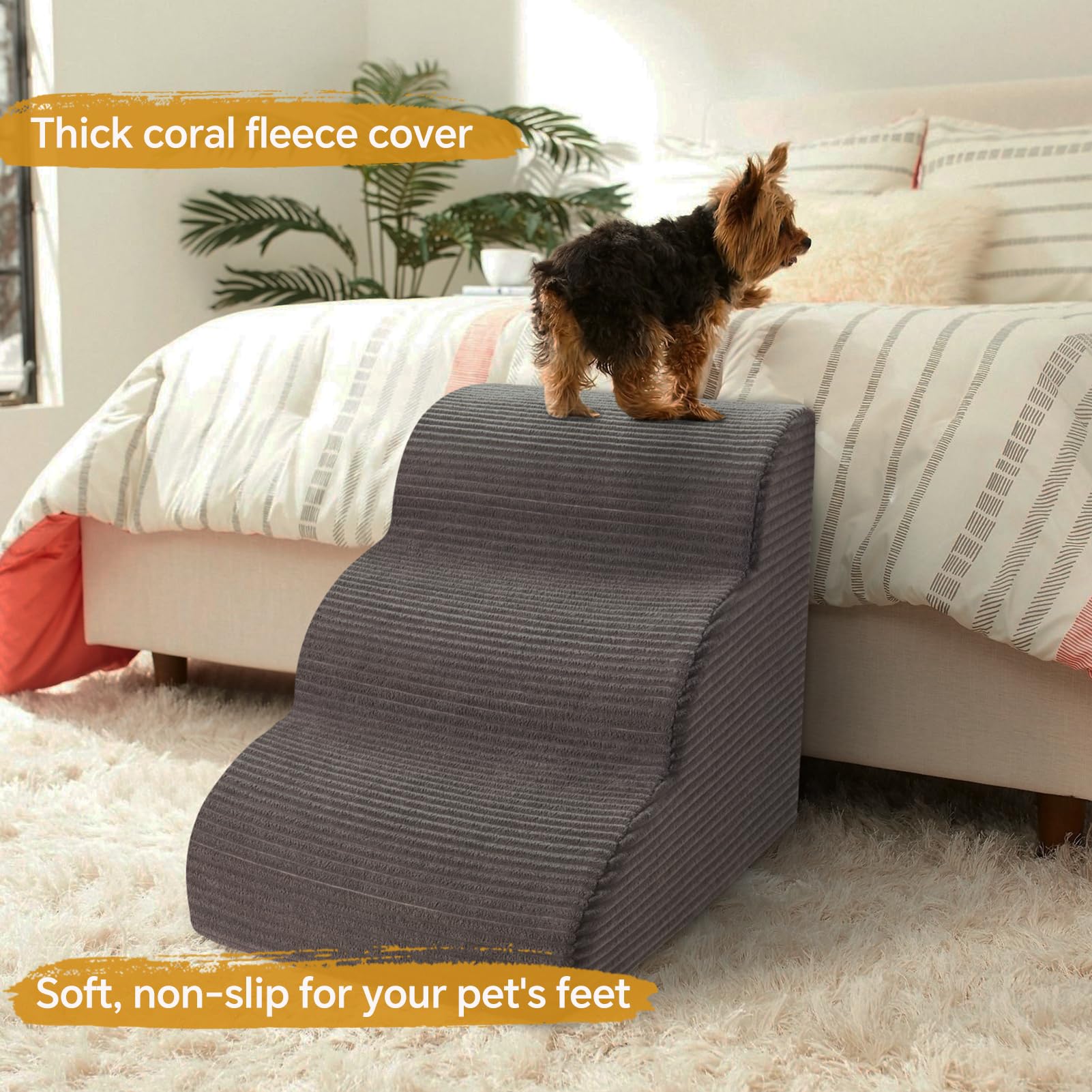 Ceekliybear curved dog stairs 3-step close-up shows gentle incline for easy climbs.