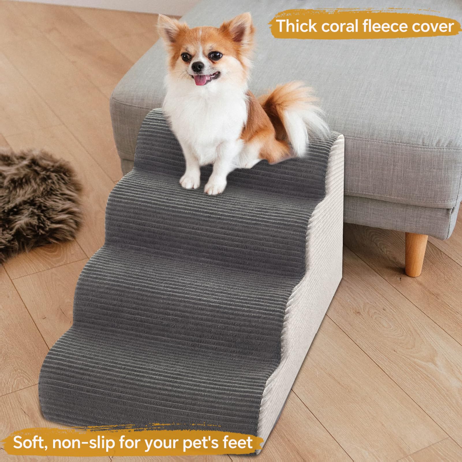 Ceekliybear curved dog stairs in four-step setup ready for bed access.