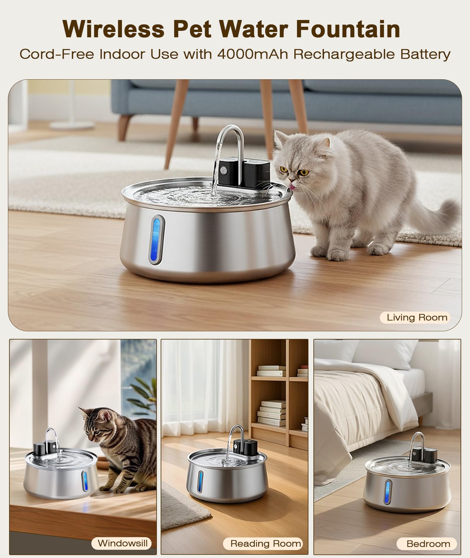 CEESC cordless cat water fountain 4L tank emphasizes ample hydration for multi-cat homes