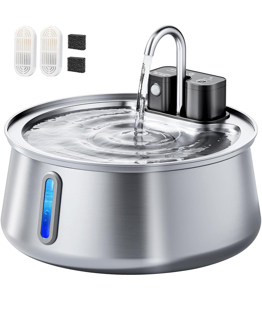 CEESC cordless cat water fountain front angle shows sleek stainless steel design for reliable hydration