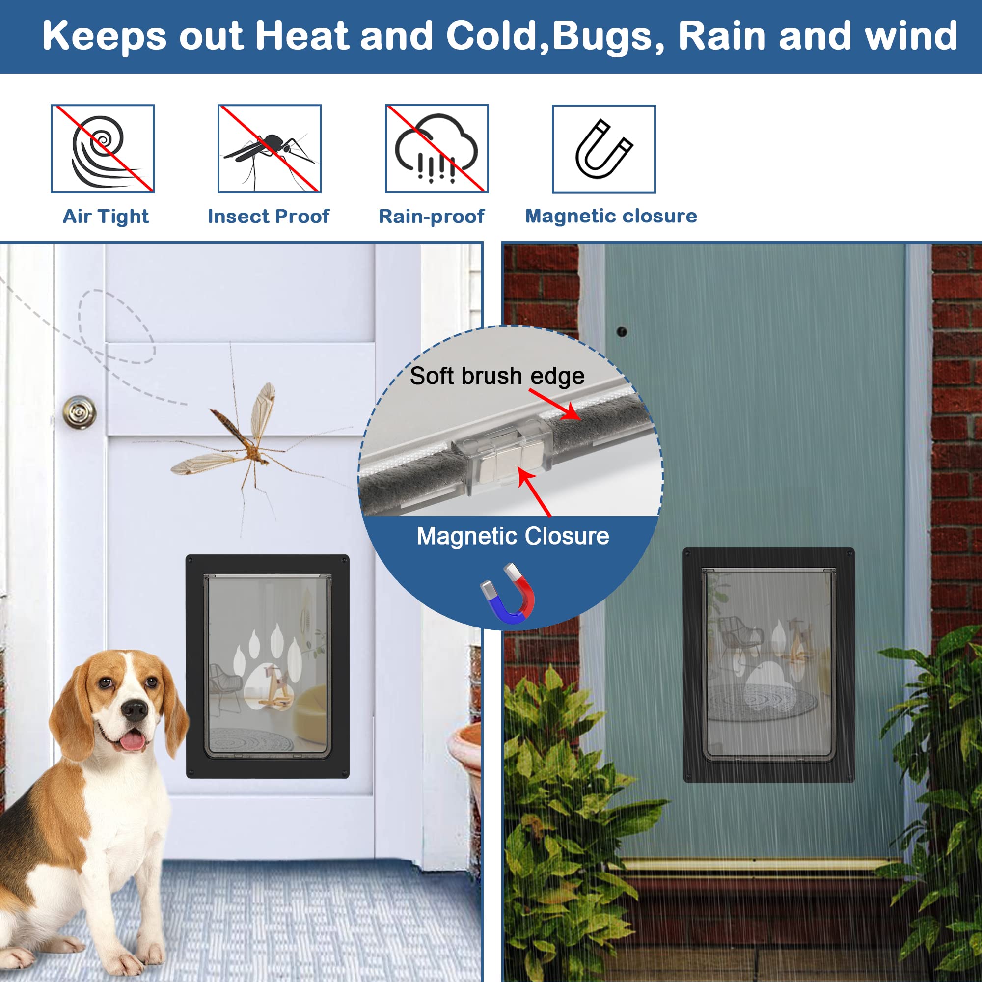 CEESC dog door flap with seals emphasizes windproof and rainproof protection during outdoor use.