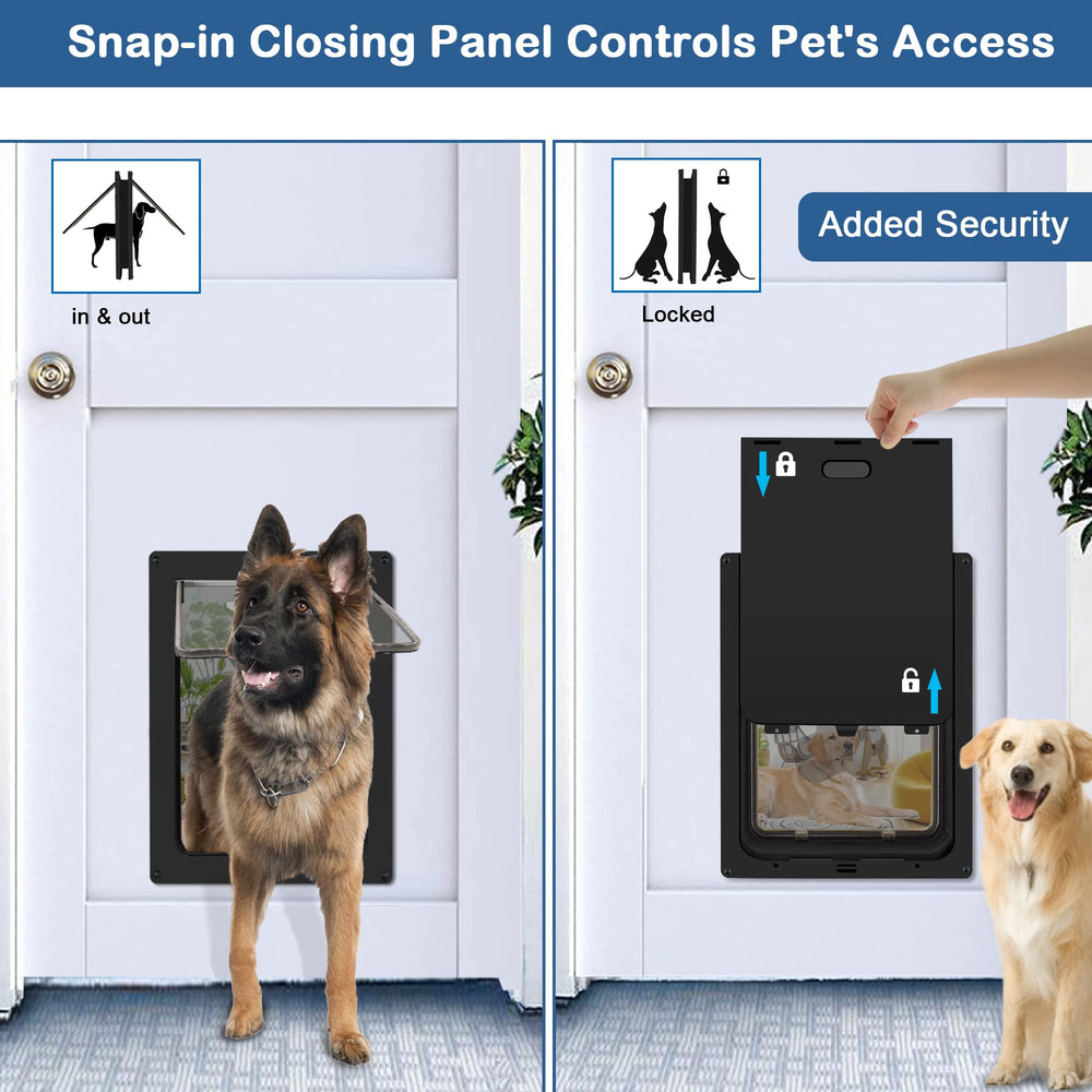 CEESC large dog door telescoping tunnel demonstrates adjustable fit for doors 1 1/4 to 2 1/16 inch thick.