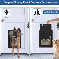 CEESC large dog door telescoping tunnel demonstrates adjustable fit for doors 1 1/4 to 2 1/16 inch thick.