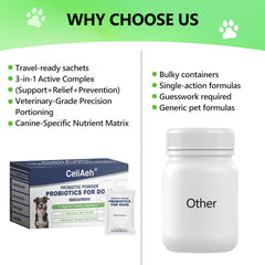 CeliAeh Probiotics for Dogs dog-eating scene suggests improved digestion after meals.