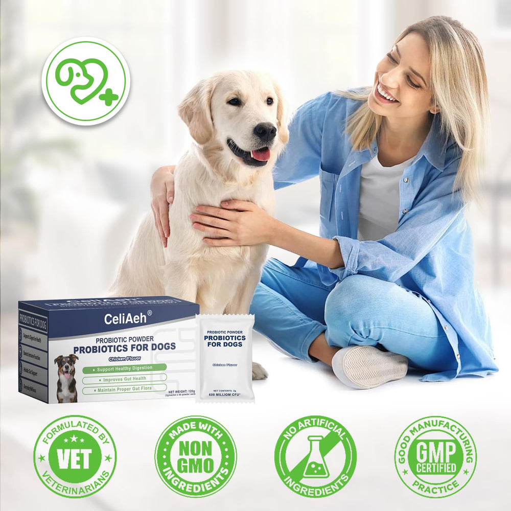 CeliAeh Probiotics for Dogs pour-into-food shows simple feeding with chicken flavor.