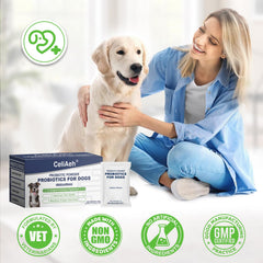 CeliAeh Probiotics for Dogs pour-into-food shows simple feeding with chicken flavor.