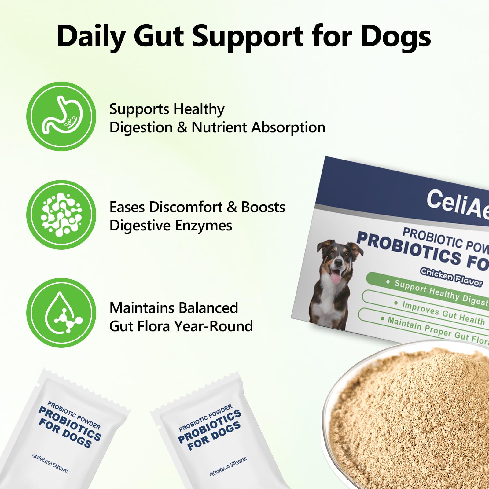 CeliAeh Probiotics for Dogs powder-dispense demonstrates easy mixing into meals for gut health.