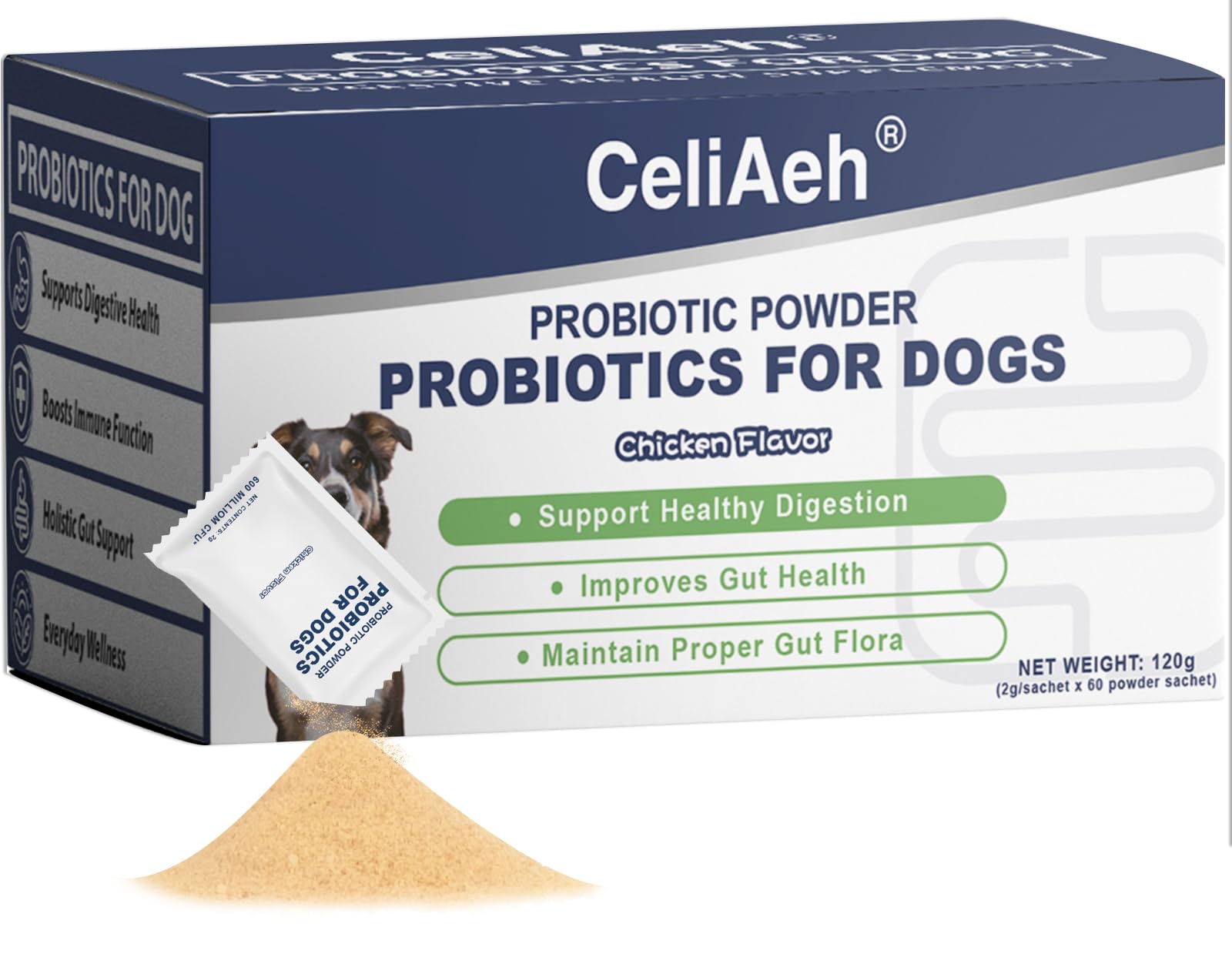 CeliAeh Probiotics for Dogs tub packaging shown, supporting digestive health across breeds.