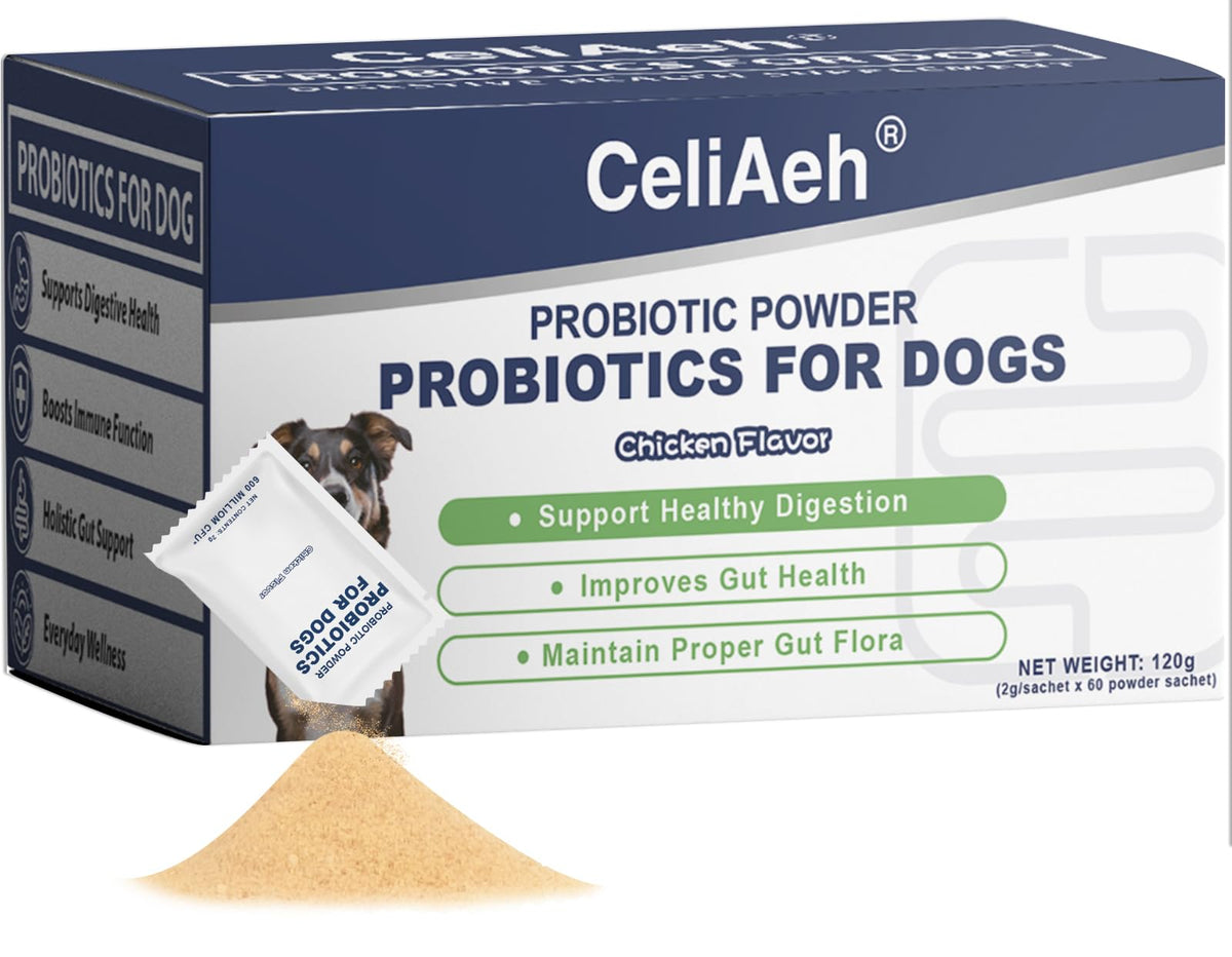 CeliAeh Probiotics for Dogs tub packaging shown, supporting digestive health across breeds.