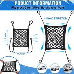 CEMZENFIX dog car net barrier installation view highlights tool-free setup with four headrest hooks.