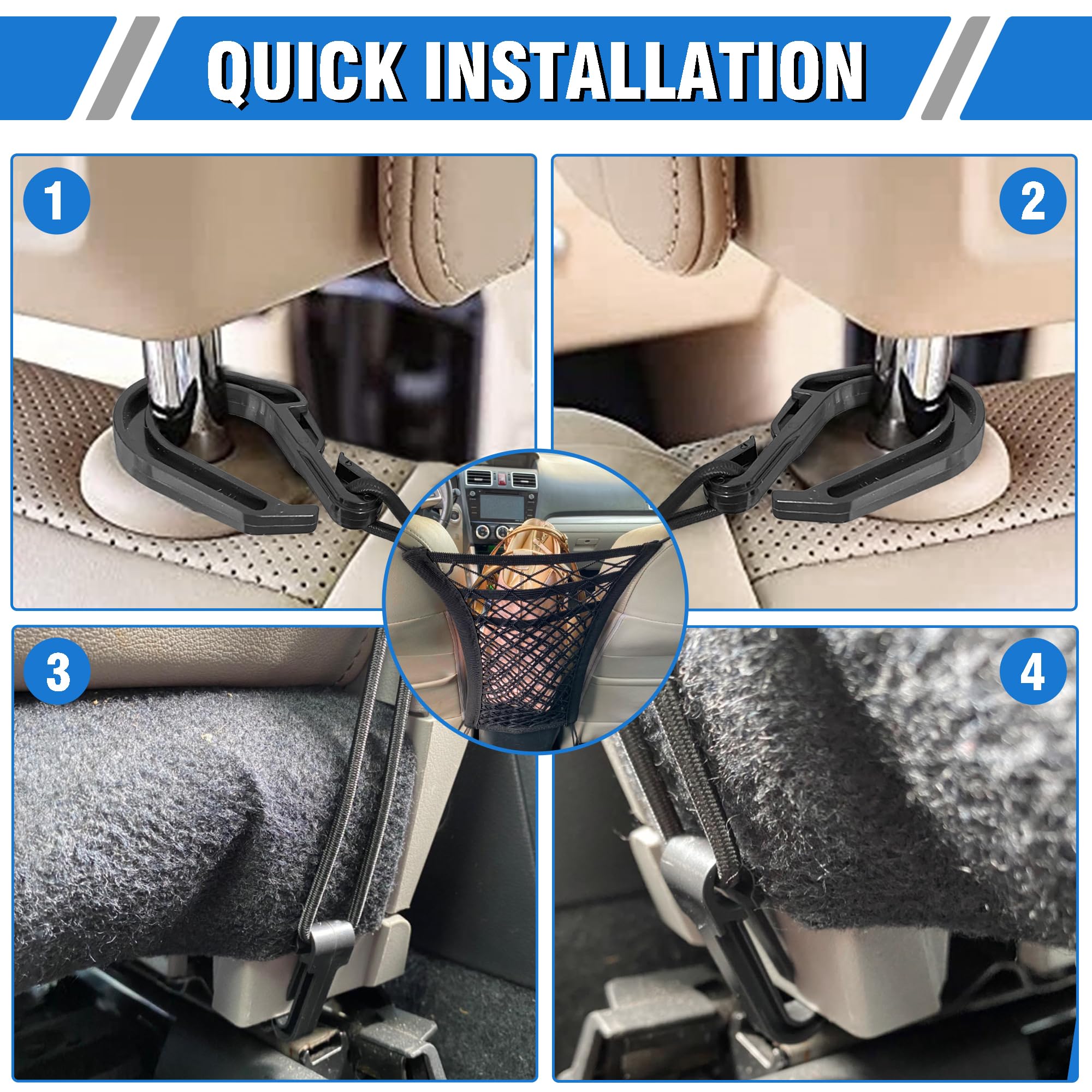 CEMZENFIX dog car net barrier tool-free install shows clips on headrests.