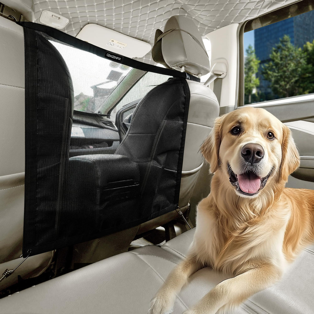 CEMZENFIX universal dog car barrier installed behind the front seat for safer travels