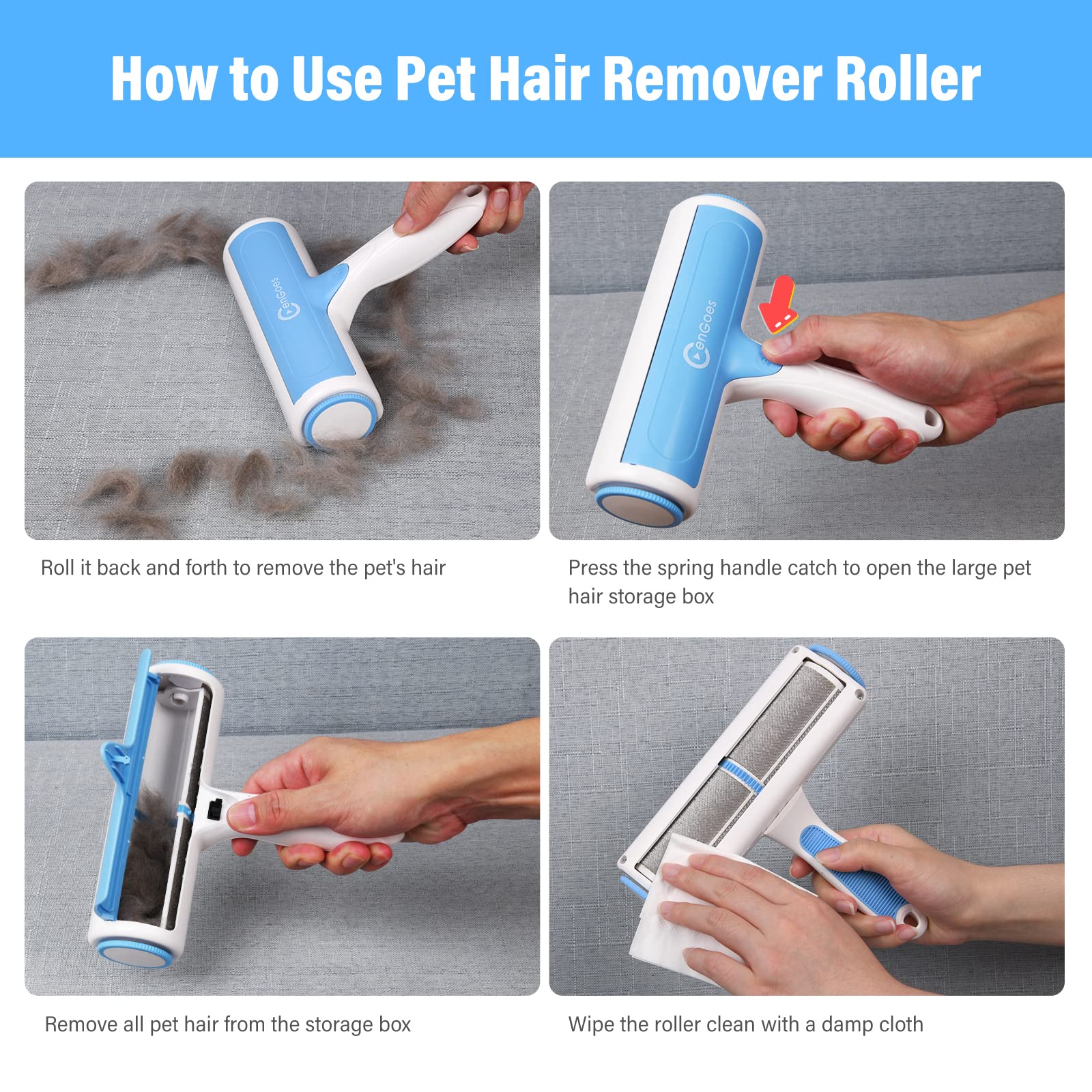 CenGoes pet hair remover roller on carpet collects lint via electrostatic adsorption.