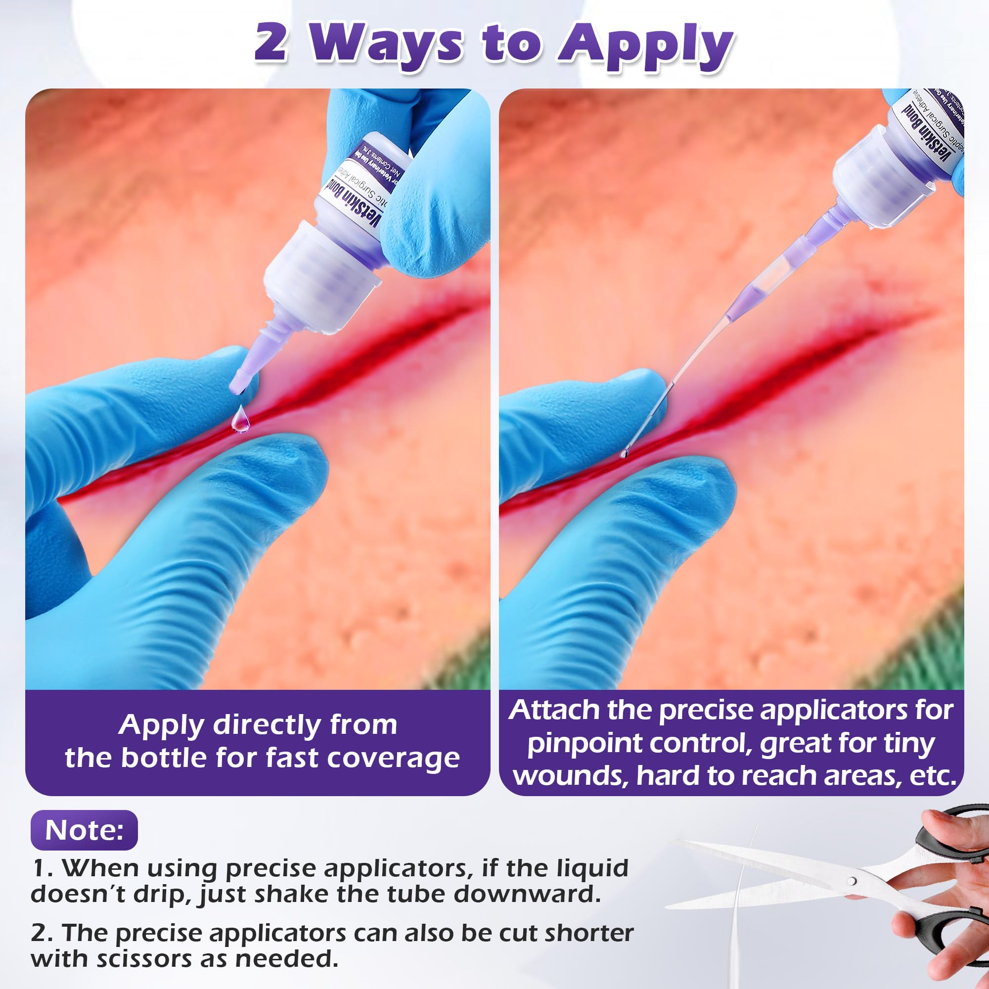 Fast bonding and waterproof seal protects wounds during pet activity