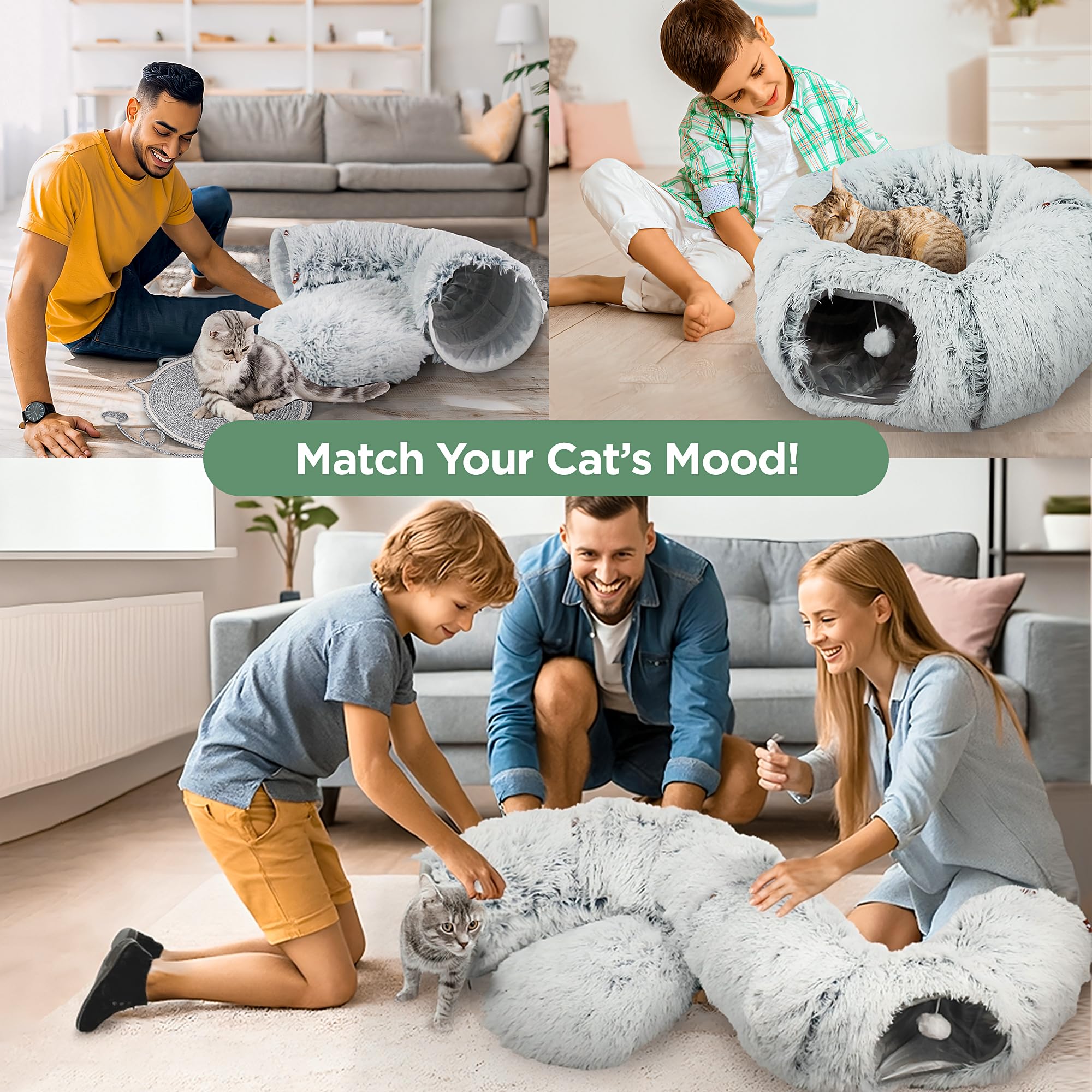 CERADOR Cat Tunnel Donut Bed Grey interior—plush comfort for resting and napping.