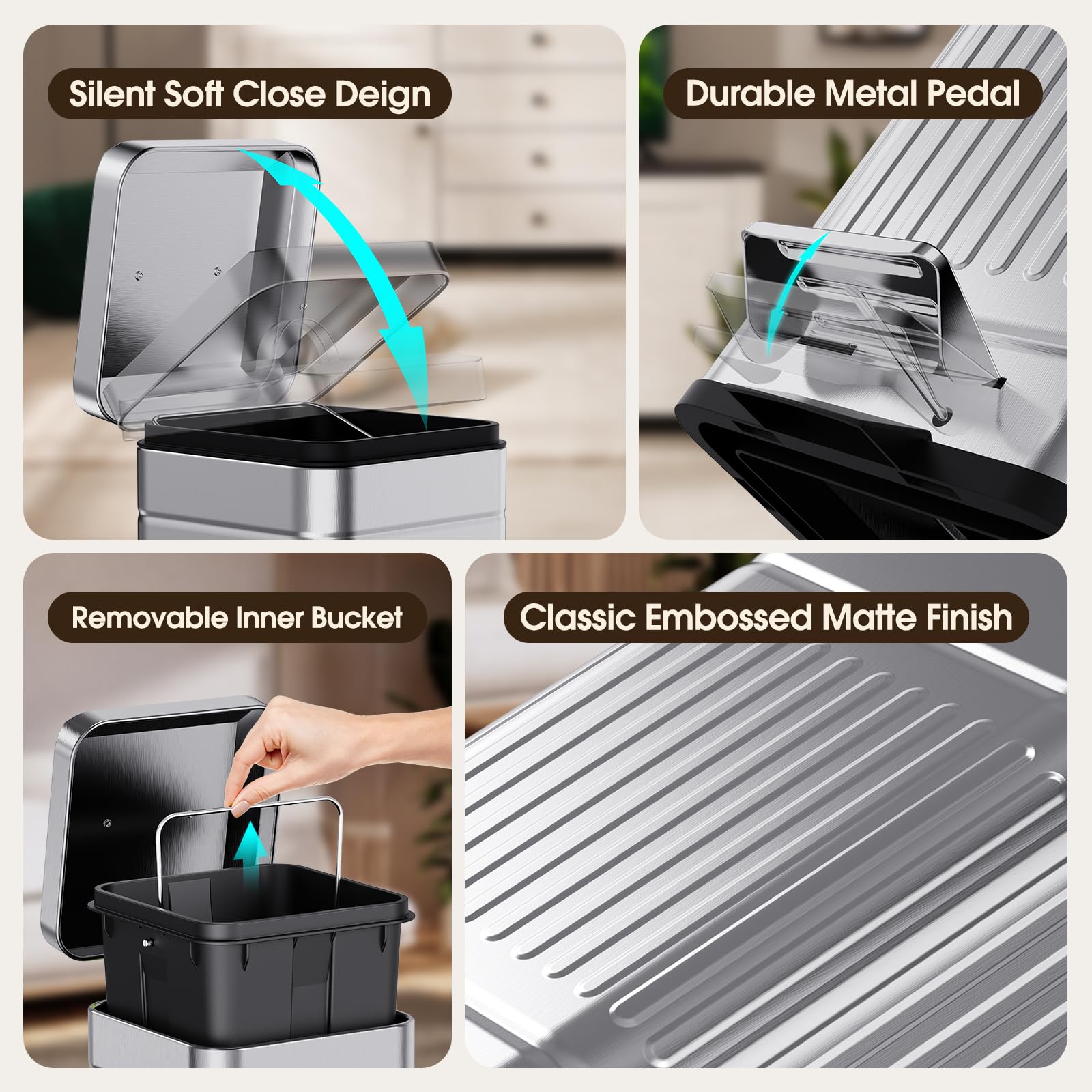 CEROELDA galvanized steel trash can with removable inner bucket for easy dumping.