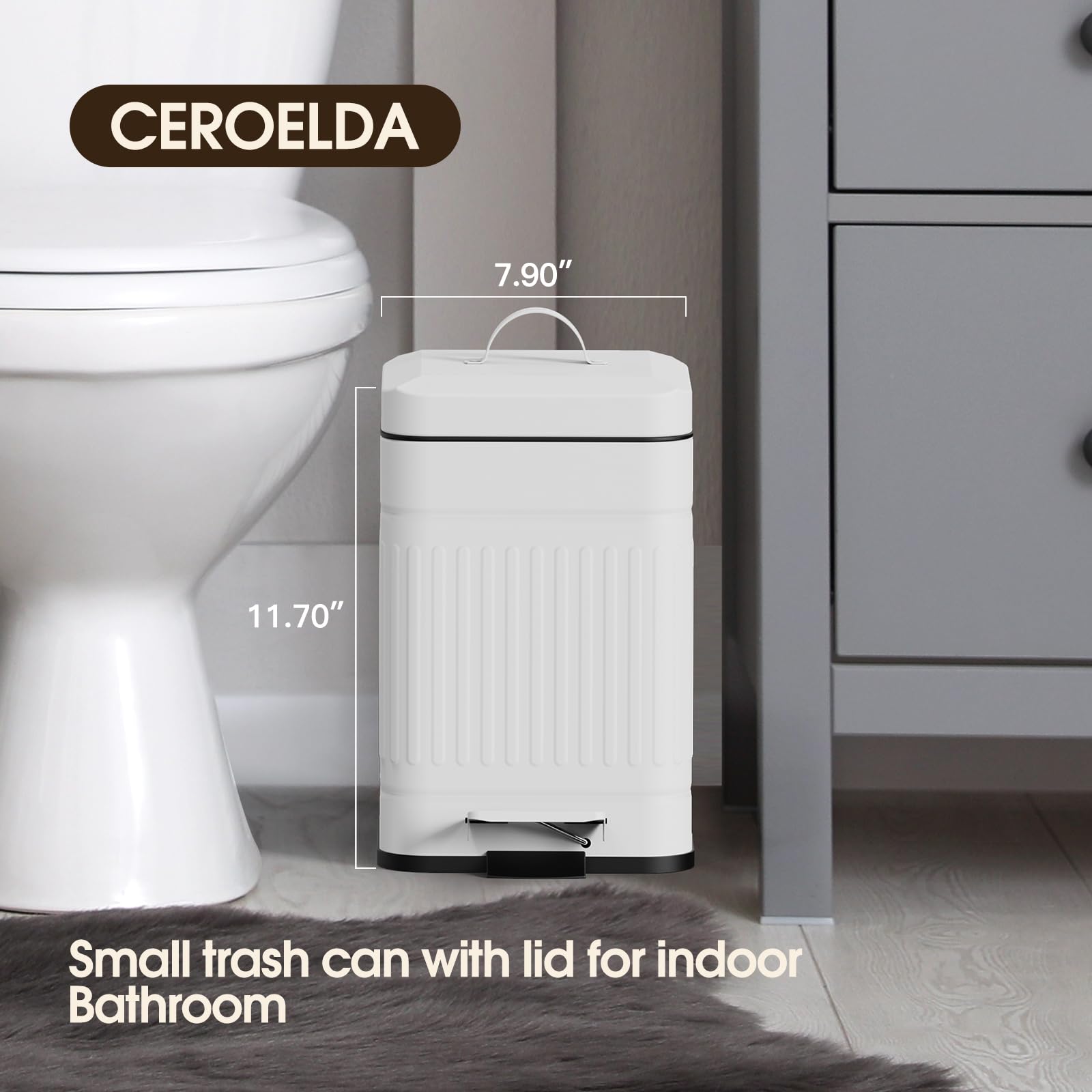 CEROELDA soft-close step-pedal trash can in white for quiet disposal.