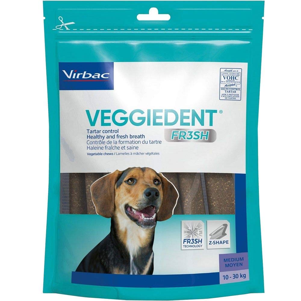 C.E.T. VeggieDent Chews regular 60-count pack aids daily dental care for dogs.