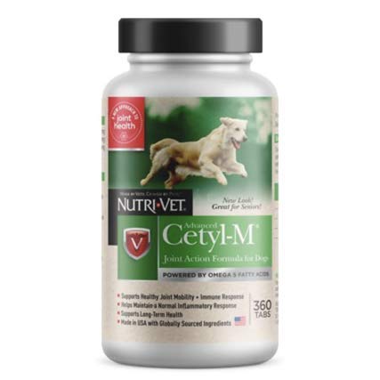 Cetyl M dog joint action tablets bottle shows easy-to-chew liver flavor for daily activity support.