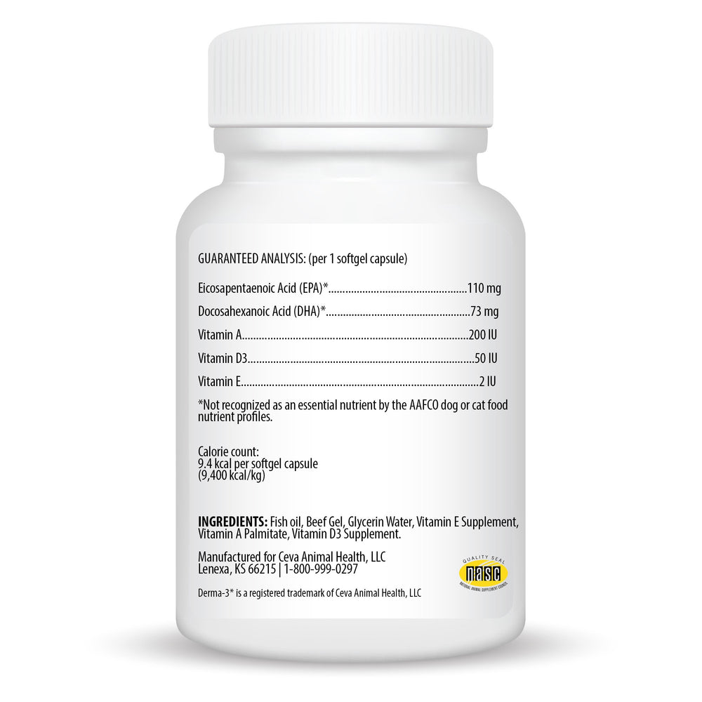 Ceva Derma-3 ingredients label emphasizes EPA/DHA and vitamins A and D3.