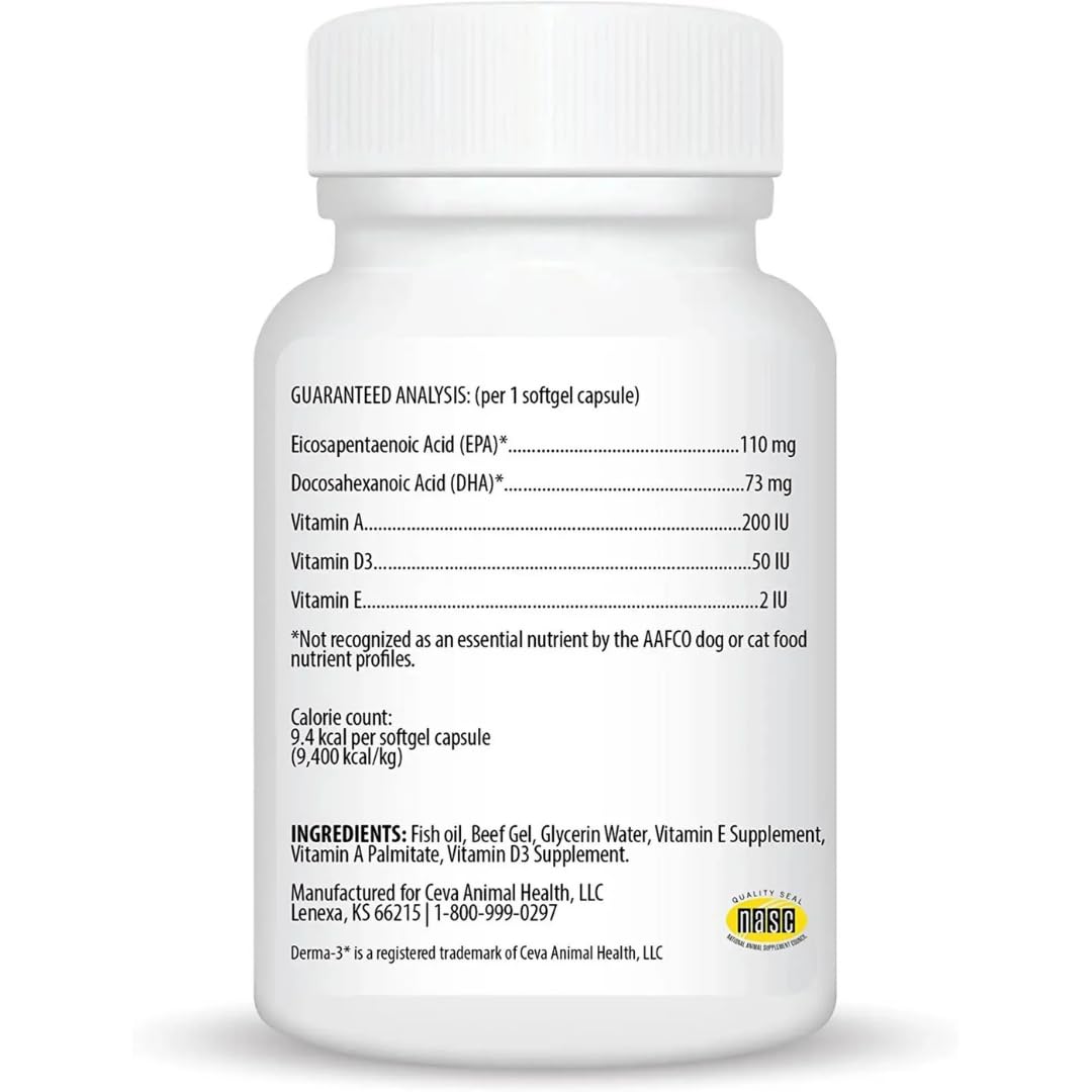 Ceva Derma-3 softgels coat health close-up highlighting healthier fur appearance.