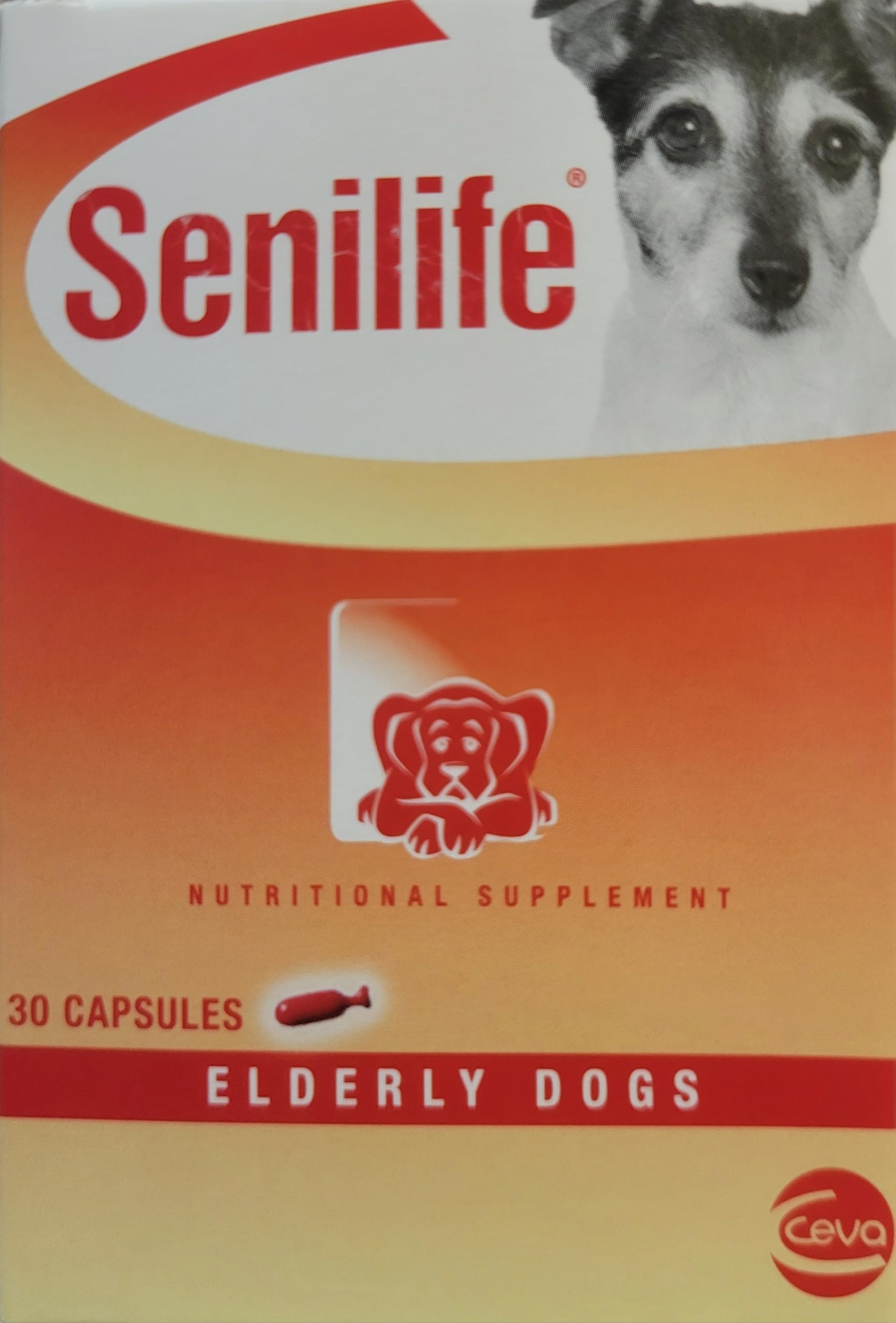 Ceva Senilife 30 capsules bottle front supports cognitive comfort for aging dogs.