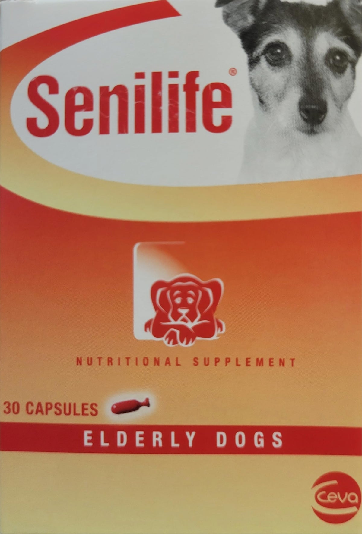 Ceva Senilife 30 capsules bottle front supports cognitive comfort for aging dogs.
