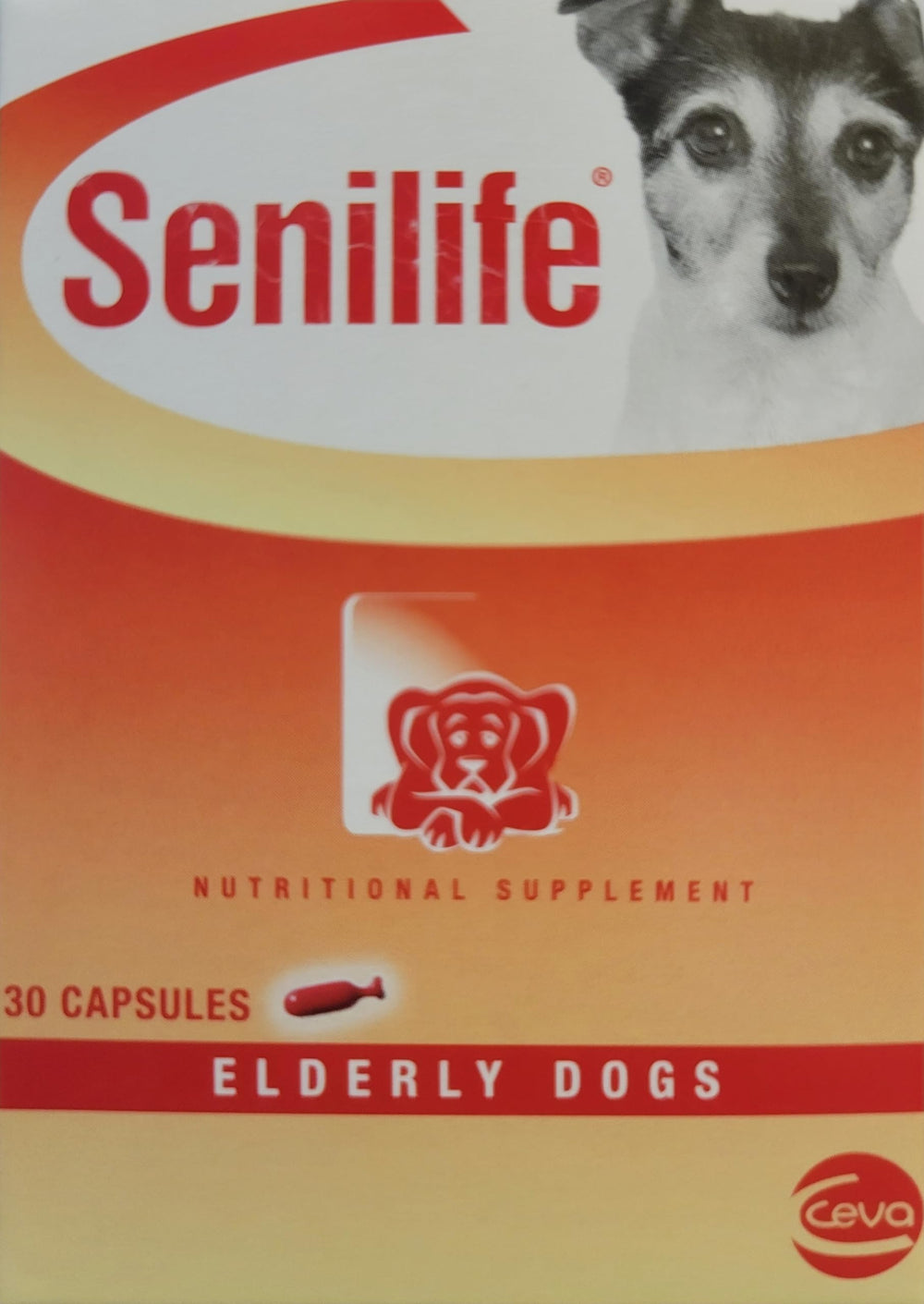 Ceva Senilife bottle label detail emphasizes daily dosing for dog wellness.