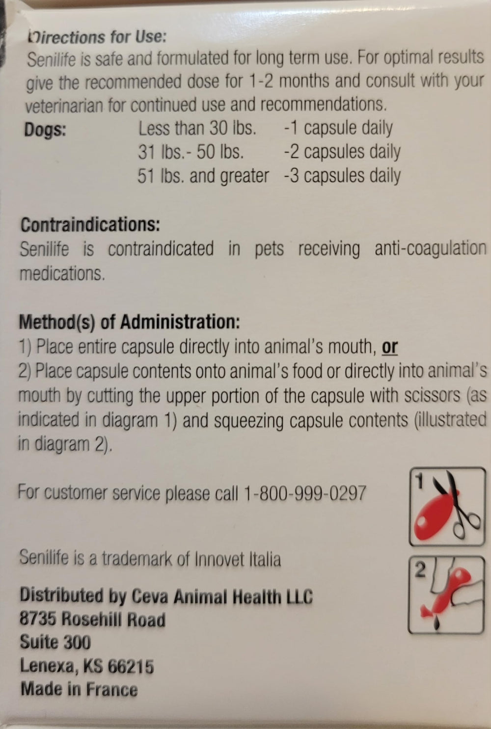 Ceva Senilife capsules closeup shows easy administration for senior dogs.