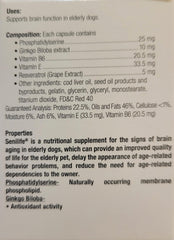 Ceva Senilife packaging box highlights brain health benefits for elderly dogs.