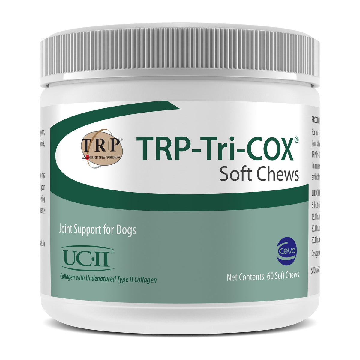 Ceva TRP-Tri-COX Soft Chews bottle closeup for dog joint support